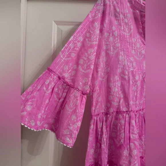 Juliet Dunn Orchid Small Flower Lurex Flared Sleeve Dress